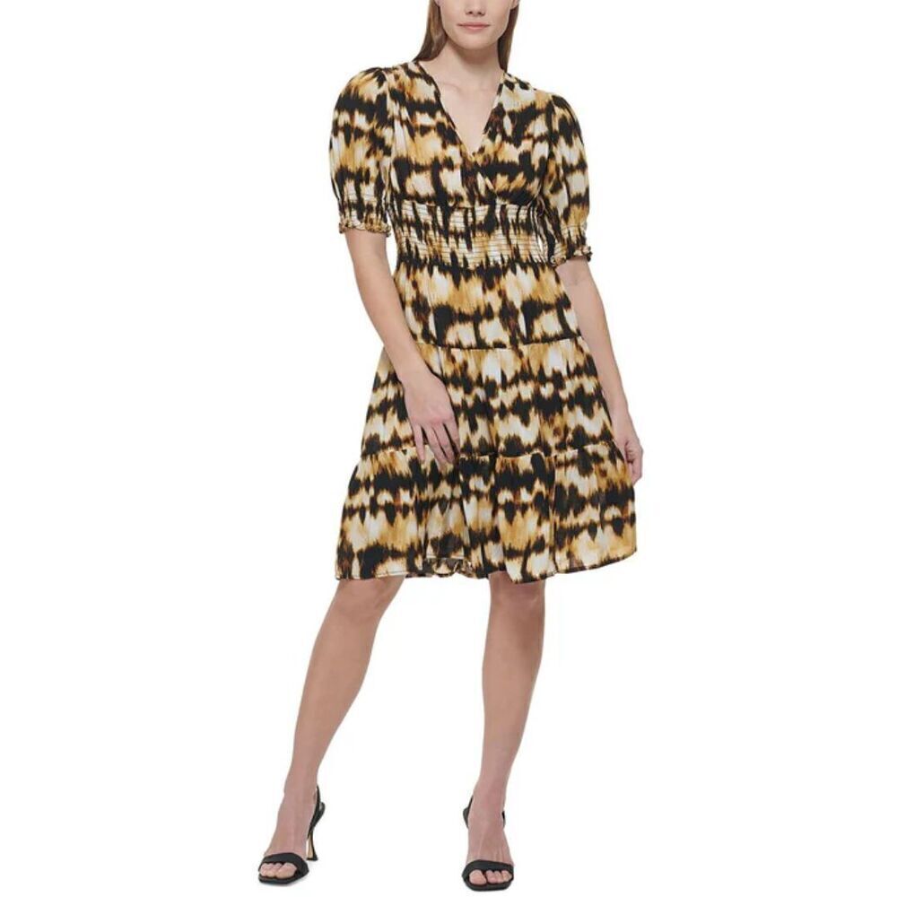Calvin Klein Womens Smocked Puff Sleeve Fit & Flare Dress Size 2